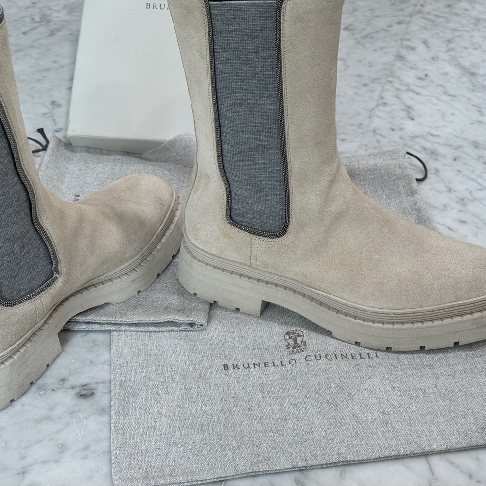 Brunello Cucinelli Cream and Gray Ankle Boots